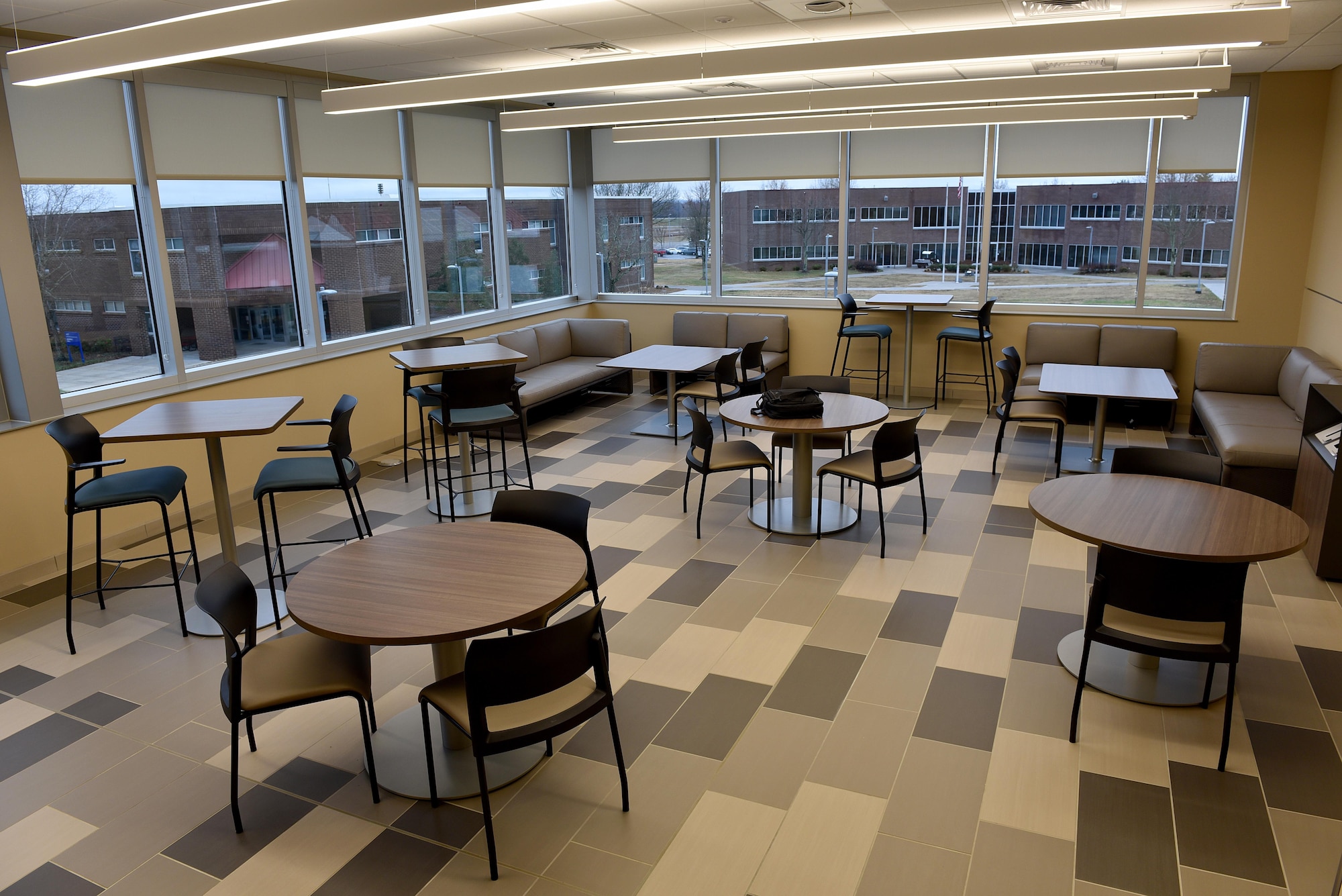 The I.G. Brown Training and Education Center’s new classroom building Dec. 6, 2016, in Louisville, Tenn., includes break room areas with furniture for study and collaboration, Wi-Fi access and views of the surrounding campus and the Smoky Mountians. (U.S. Air National Guard photo by Master Sgt. Mike R. Smith)