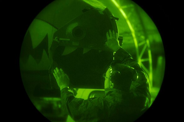 An Airman assigned to the 16th Electronic Warfare Squadron, Eglin Air Force Base, Fla., secures a coupler on an A-10C Thunderbolt II during Combat Shield, Dec. 5, 2016, at Moody Air Force Base, Ga. To help achieve Combat Shield’s goal of ensuring pilot’s survivability through proficient aircraft radar warning receivers, electronic attack pods and integrated EW systems, Moody’s 23d Maintenance Group checks their equipment twice a year through their own evaluation program. (U.S. Air Force photo by Airman 1st Class Greg Nash)