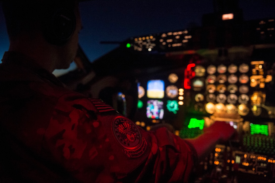 Air Force Capt. Herbert Duke, 340th Expeditionary Air Refueling Squadron KC-135 Stratotanker pilot, flies in support of a Combined Joint Task Force Operation Inherent Resolve mission over Iraq Nov. 29, 2016. The KC-135 provides aerial refueling capabilities for the task force as it supports the Iraqi security forces and the partnered forces in Syria as they work to liberate territory and people under the control of the Islamic State of Iraq and the Levant. Air Force photo by Staff Sgt. Matthew B. Fredericks