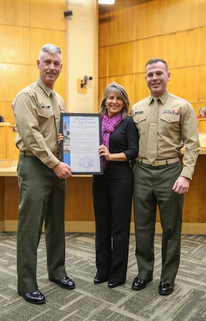 A plaque for Marine Corps Recruit Depot San Diego was presented during a San Diego City Council meeting in Downtown San Diego, Dec. 6. As part of the meeting, Dec. 6th was declared Marine Corps Recruit Depot Centennial Day in San Diego.