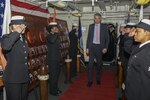YOKOSUKA, Japan (Dec. 6, 2016) Permanent Secretary for the Ministry of Defense (MOD) for the United Kingdom (UK), Stephen Lovegrove, is saluted by side boys as he arrives aboard the Navy’s only forward-deployed aircraft carrier, USS Ronald Reagan (CVN 76). Lovegrove is responsible, as the UK governments principal civilian advisor, for leading defense, heading the Department of State, the overall organization, management and staffing of defense and more. 