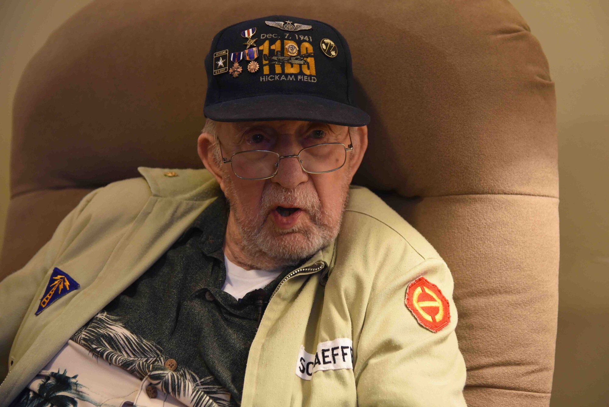 Retired Master Sgt. Mike Schaeffer, reflects on the events of the Pearl Harbor attacks from his home in Hayes, Kan. Dec. 4, 2016. Schaeffer was stationed at Hickam Field, Hawaii, during the attacks. (U.S. Air Force photo/Tech. Sgt. Jennifer Stai)