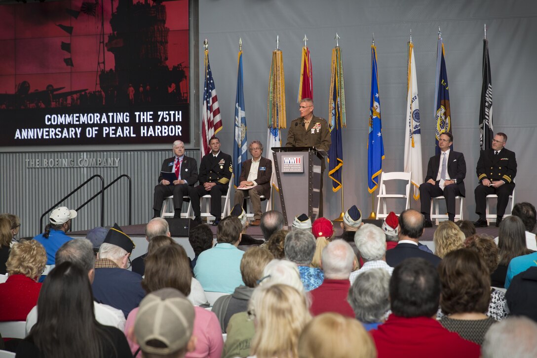 Lt. Gen. Rex C. McMillian, commander of Marine Forces Reserve and Marine Forces North, speaks during a commemorative ceremony at the National World War II Museum, Dec. 7, 2016, for the 75th anniversary of the attack on Pearl Harbor. The event honored the service members who were present during the fateful attack on Dec. 7, 1941. During World War II, by September of 1945, Reserve Marines made up 70 percent of total wartime Marine Corps personnel. For information on the history and heritage of the Marine Corps Reserve as well as current Marine stories and upcoming Centennial events, please visit www.marines.mil/usmcr100. (U.S. Marine Corps photo by Sgt. Ian Leones)