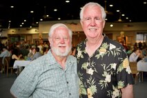Mr. Stan Loer (left) and U.S. Army retired colonel Davide Burpee (right) pose together after meeting for the first time at a Dec. 7 rememberance dinner, Dec. 6, 2016, Joint Base Pearl Harbor-Hickam, Hawaii. Loer and Burpee were both born at Tripler Army Medical Center on the island of Oahu on Dec. 7, 1941. They participcated in a dinner that was part of a week long celebration commemorating the 75th anniversary of the attacks on Pearl Harbor, Hickam Field and Oahu. The U.S. military and the State of Hawaii are hosting a series of remembrance events to honor the Pacific Theater's veterans. (U.S. Air Force photo by Tech. Sgt. James Stewart/Released)