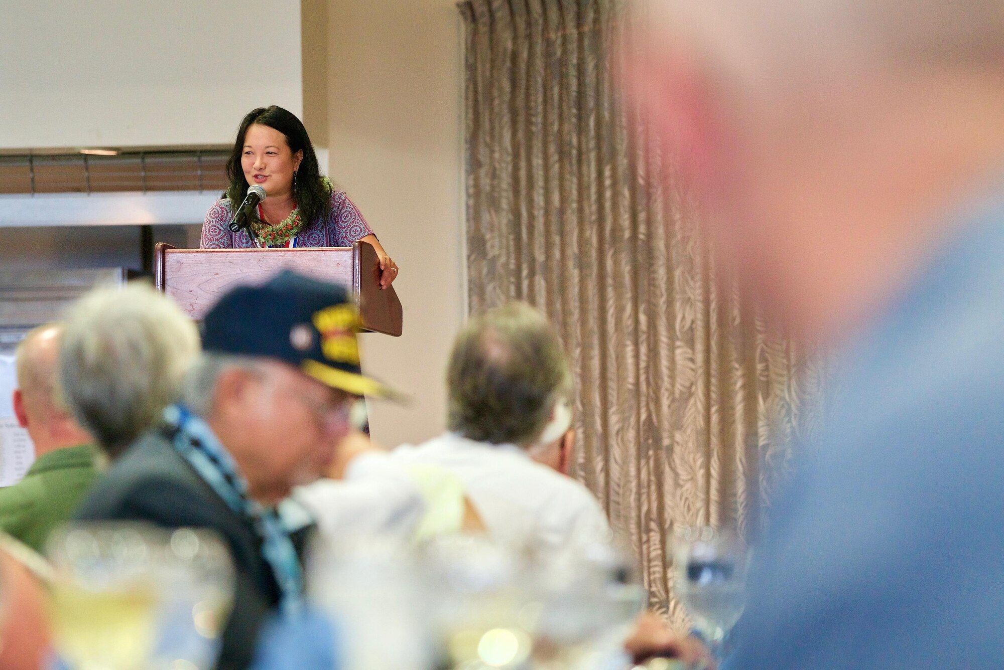 Mrs. Jessie Higa, Hickam Historical Society co-founder, gives opening remarks during a rememberance dinner, Dec. 6, 2016, Joint Base Pearl Harbor-Hickam, Hawaii. The dinner was part of a week long celebration commemorating the 75th anniversary of the attacks on Pearl Harbor, Hickam Field and Oahu. The U.S. military and the State of Hawaii are hosting a series of remembrance events to honor the Pacific Theater's veterans. (U.S. Air Force photo by Tech. Sgt. James Stewart/Released)