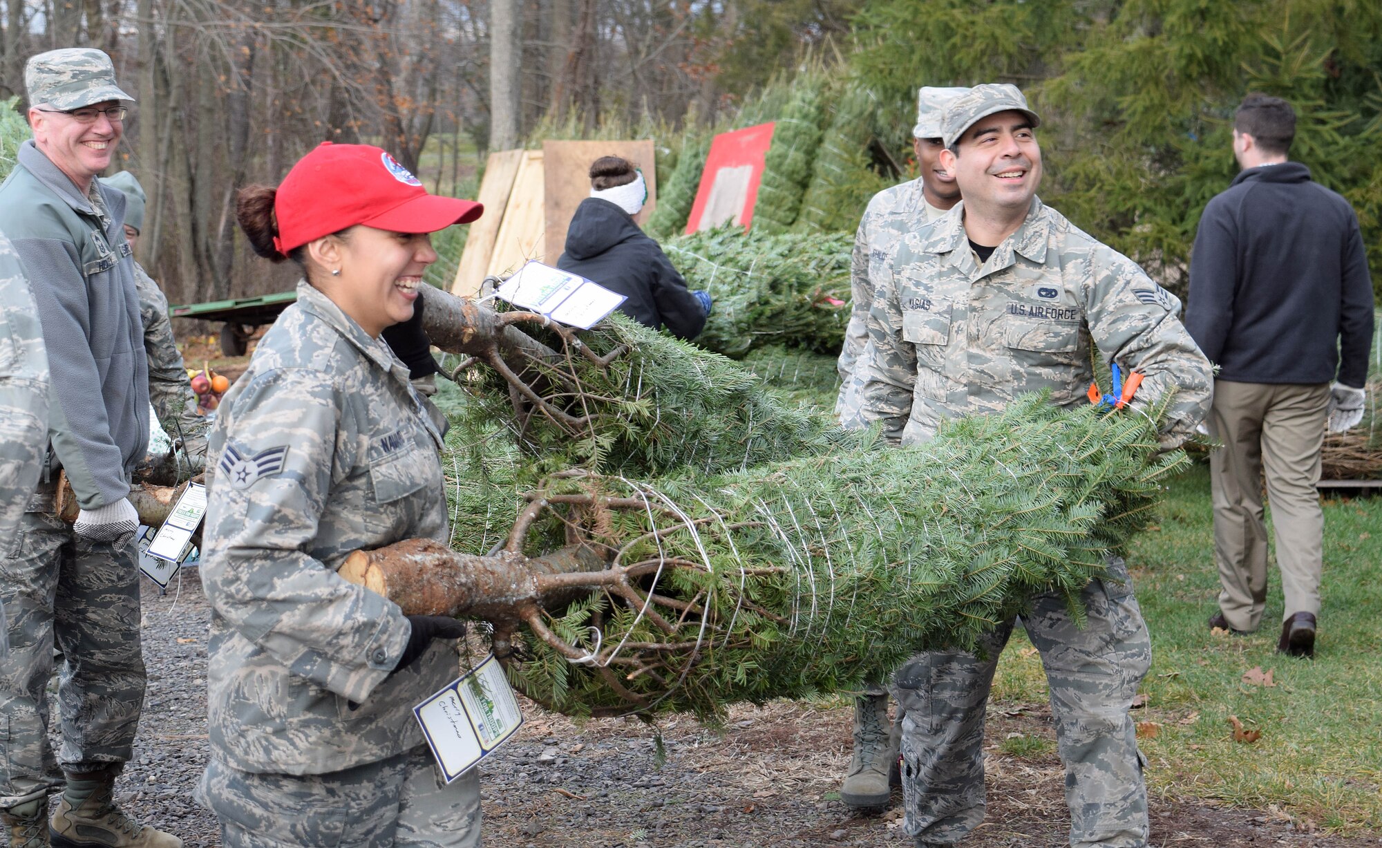 Senior Airman Ramona Navarro (left) and Senior Airman Waldo Masias, heavy equipment mechanics here at the 111th Attack Wing, trade in their wrenches and ratchets for tree-worthy work gloves in support of the Trees for Troops donation program held at the Bustard’s Tree Farm in Lansdale, Pa. Dec. 2, 2016. Over a dozen Pa. National Guard service members from the Horsham Air Guard Station and surrounding communities provided the muscle loading Christmas trees destine for an estimated 65 military bases across the globe. (U.S. Air National Guard photo by Master Sgt. Christopher Botzum)
