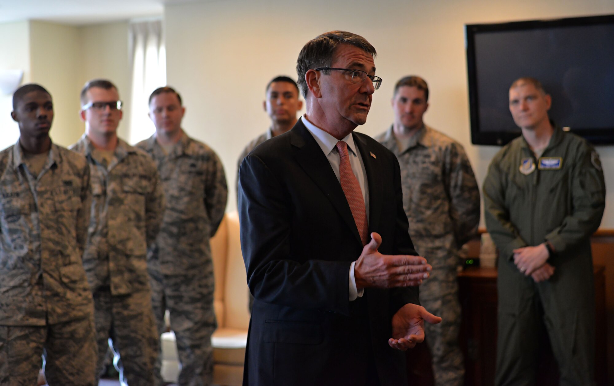 U.S. Secretary of Defense Ashton B. Carter addresses services members of the importance of their mission as part of Pacific Air Forces, Dec. 5, 2016, at Yokota Air Base, Japan. Carter stopped at Yokota during his travel to U.S. military instillations across the world, with plans to thank deployed U.S. troops for their service over the holidays. (U.S. Air Force photo by Airman 1st Class Juan Torres/Released) 