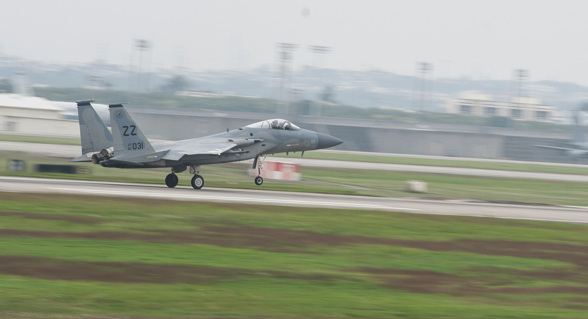 A U.S. Air Force F-15 Eagle from the 44th Fighter Squadron takes off Dec. 6, 2016, at Kadena Air Base, Japan. Routine training ensures optimum readiness for multiple contingencies. The F-15 Eagle can penetrate enemy defense and outperform and outfight any current enemy aircraft.  (U.S. Air Force photo by Senior Airman Lynette M. Rolen/Released)