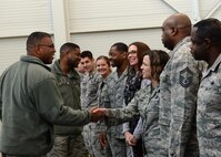 Lt. Gen. Richard M. Clark, Third Air Force and 17th Expeditionary Air Force commander, meets members of the 86th Logistics Readiness Squadron at Ramstein Air Base, Germany, Dec. 2, 2016. During his visit, Clark was able to meet with Airmen throughout multiple organizations to learn about their duties, and how they impact the 86th AW mission. (U.S. Air Force photos by Senior Airman Jimmie D. Pike)