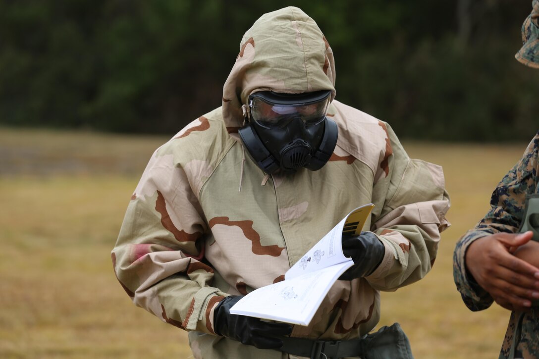 A Marine reads training material during a field exercise at Marine Corps Outlying Field Atlantic Nov. 30, 2016. Twenty-two Marines with Chemical, Biological, Radiological and Nuclear Defense, 2nd Marine Aircraft Wing, conducted a week-long annual training exercise that refreshed the defense specialists on the roots of their basic military occupational specialty training. The exercise included an assortment of stations and classes that tested the Marines physically and mentally. (U.S. Marine Corps photo by Lance Cpl. Cody Lemons/Released)