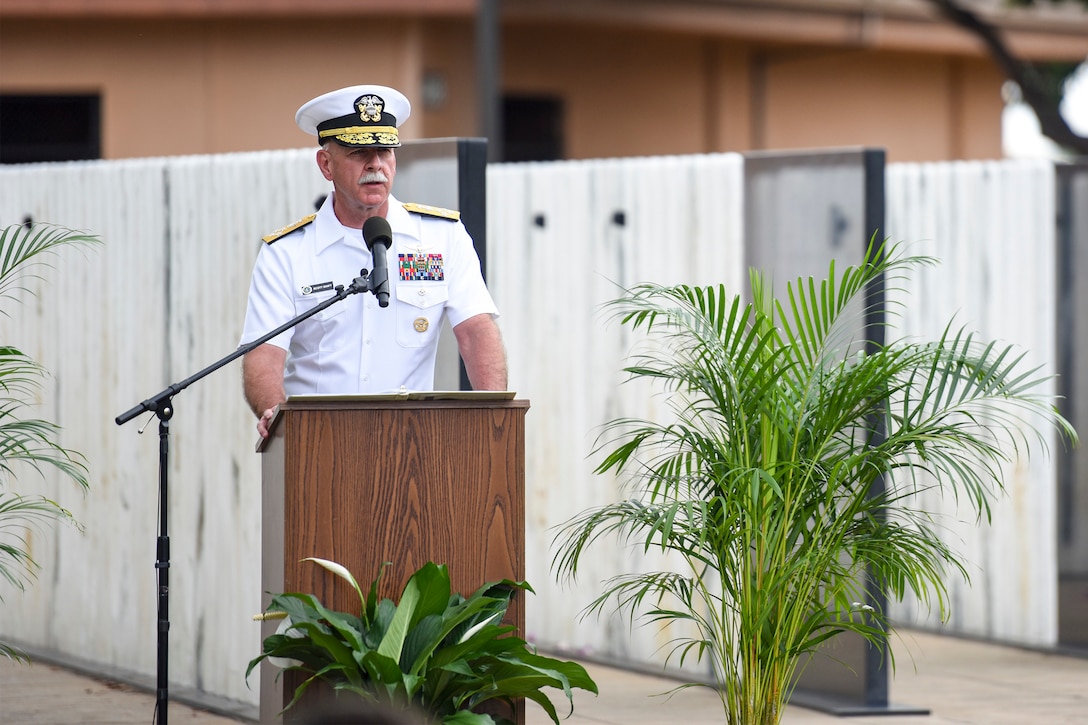 Pacific Fleet Commander Navy Adm. Scott Swift delivers the keynote speech during the USS Oklahoma memorial service on the 75th anniversary of the attacks on Pearl Harbor, Hawaii, Dec. 7, 2016. Navy photo by Petty Officer 2nd Class Brian M. Wilbur