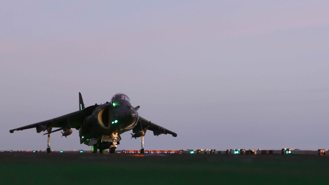 An AV-8B Harrier II with Marine Medium Tiltrotor Squadron 264 (Reinforced), 22nd Marine Expeditionary Unit, takes off from the flight deck of the amphibious assault ship USS Wasp (LHD-1) on Dec. 5, 2016. The 22nd MEU, deployed with the Wasp Amphibious Ready Group, is conducting naval operations in support of U.S. national security interests in Europe. 