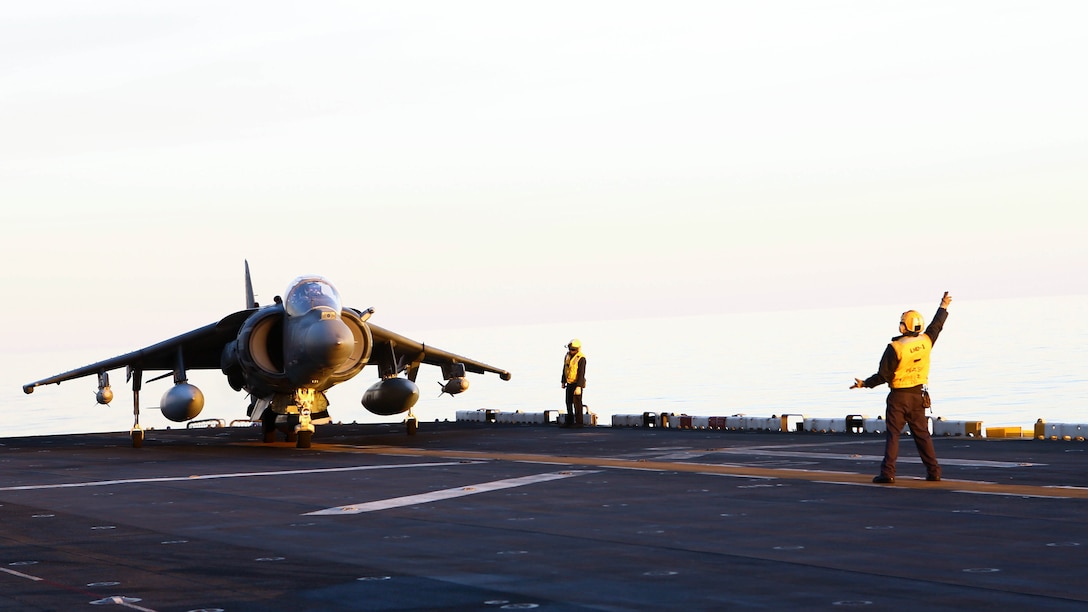 An AV-8B Harrier II with Marine Medium Tiltrotor Squadron 264 (Reinforced), 22nd Marine Expeditionary Unit, takes off from the flight deck of the amphibious assault ship USS Wasp (LHD-1) on Dec. 5, 2016. The 22nd MEU, deployed with the Wasp Amphibious Ready Group, is conducting naval operations in support of U.S. national security interests in Europe. 