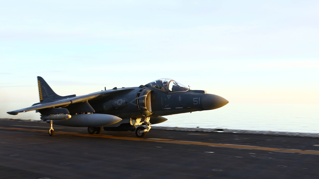 An AV-8B Harrier II with Marine Medium Tiltrotor Squadron 264 (Reinforced), 22nd Marine Expeditionary Unit, takes off from the flight deck of the amphibious assault ship USS Wasp (LHD-1) on Dec. 5, 2016. The 22nd MEU, deployed with the Wasp Amphibious Ready Group, is conducting naval operations in support of U.S. national security interests in Europe. 