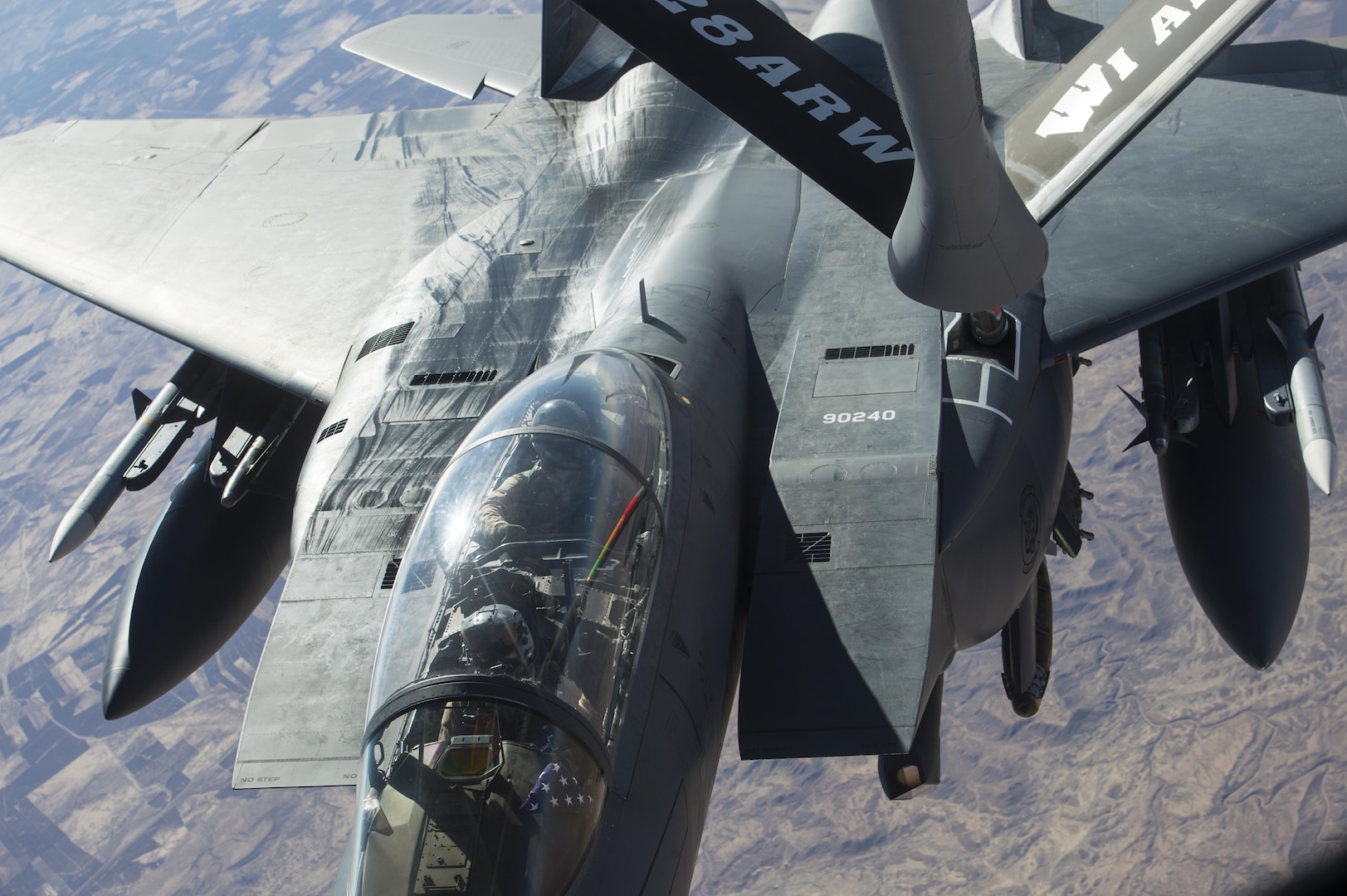 A U.S. Air Force F-15 Strike Eagle receives fuel from a KC-135 Stratotanker in support of a Combined Joint Task Force - Operation Inherent Resolve mission over Iraq Dec. 7, 2016. The KC-135 provides aerial refueling capabilities for the CJTF as it supports the Iraqi Security Forces and the partnered forces in Syria as they work to liberate territory and people under the control of Da’esh. (U.S. Air Force photo by Staff Sgt. Matthew B. Fredericks)