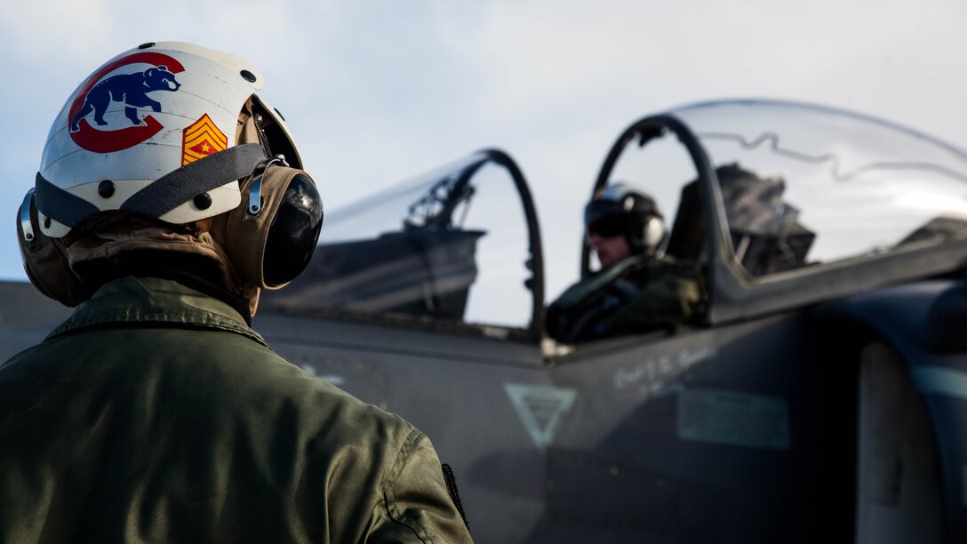 A U.S. Marine Corps AV-8B Harrier with Marine Attack Squadron  542 waits on the flight line before a routine inspection during the Aviation Training Relocation Program at Chitose Air Base, Japan, Dec. 7, 2016. VMA-542 is conducting training with their harriers at Chitose Air Base in an effort to increase operational readiness between the U.S. Marine Corps and the Japan Air Self-Defense Force, improve interoperability and reduce noise concerns of aviation training on local communities by disseminating training locations throughout Japan.