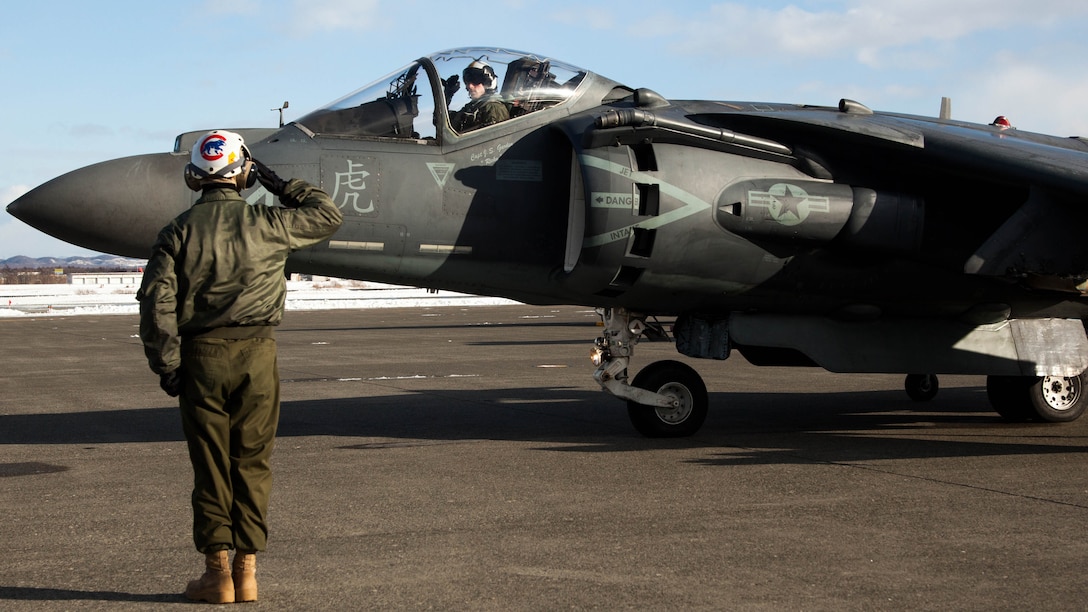 A U.S. Marine Corps AV-8B Harrier with Marine Attack Squadron (VMA) 542 taxis to the runway during the Aviation Relocation Training Program at Chitose Air Base, Japan, Dec. 7, 2016. VMA-542 is conducting training at Chitose Air Base in an effort to increase operational readiness between the U.S. Marine Corps and the Japan Air Self-Defense Force, improve interoperability and reduce noise concerns of aviation training on local communities by disseminating training locations throughout Japan. 