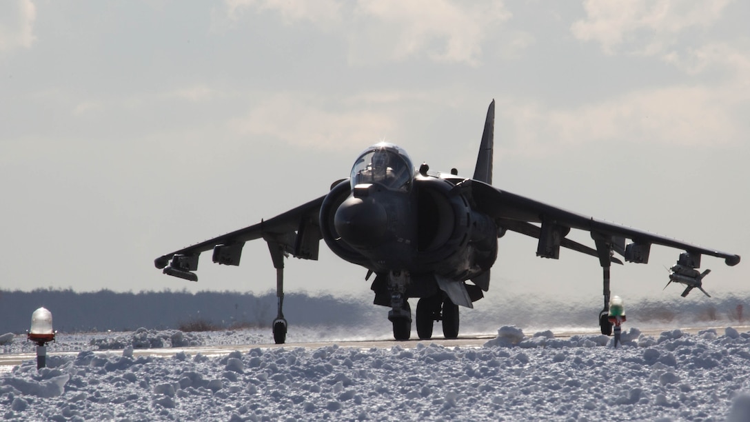 A U.S. Marine Corps AV-8B Harrier with Marine Attack Squadron (VMA) 542 taxis down the runway at Chitose Air Base, Japan, Dec. 8, 2016. Four of VMA-542’s Harriers are conducting flight training daily out of Chitose as part of the Aviation Training Relocation Program. The ATR is an effort to increase operational readiness between the U.S. Marine Corps and the Japan Air Self-Defense Force, improve interoperability and reduce noise concerns of aviation training on local communities by disseminating training locations throughout Japan.