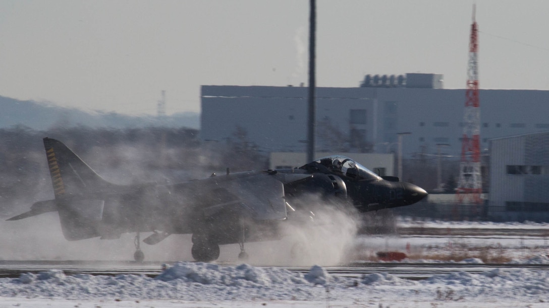 A U.S. Marine Corps AV-8B Harrier with Marine Attack Squadron (VMA) 542 touches down on the runway at Chitose Air Base, Japan, Dec. 8, 2016. Four of VMA-542’s Harriers are conducting daily flight training out of Chitose as part of the Aviation Training Relocation Program. The ATR is an effort to increase operational readiness between the U.S. Marine Corps and the Japan Air Self-Defense Force, improve interoperability and reduce noise concerns of aviation training on local communities by disseminating training locations throughout Japan. 