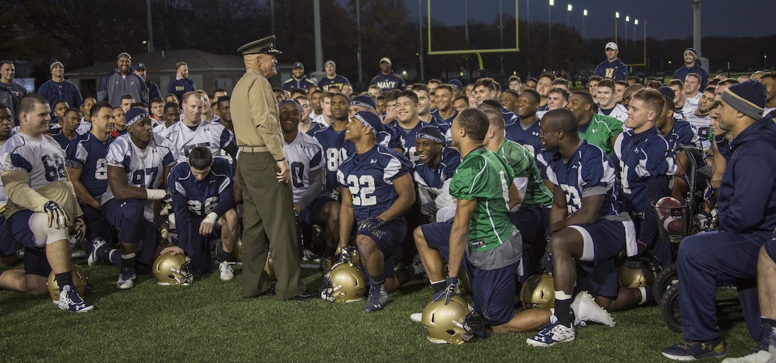 Commandant of the Marine Corps Gen. Robert B. Neller speaks to the U.S. Naval Academy football team at the U.S. Naval Academy, Annapolis, Md., Dec. 1, 2016. Neller spoke to the players about the importance of leadership both on and off the football field. (U.S. Marine Corps photo by Cpl. Samantha K. Braun)