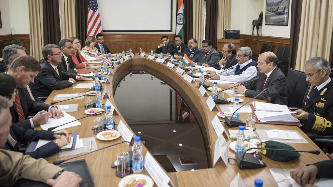 Defense Secretary Ash Carter meets with Indian Defense Minister Manohar Parrikar in New Delhi, Dec. 8, 2016. Carter is on a round-the-world trip to thank service members, meet with allies and advance DoD priorities.