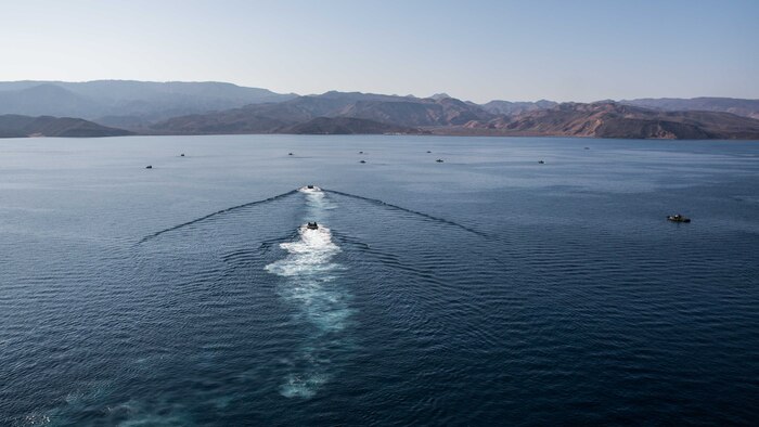 Amphibious assault vehicles with the 11th Marine Expeditionary Unit (MEU) move through the Gulf of Aden during an amphibious assault rehearsal as part of Exercise Alligator Dagger, Dec. 6, 2016. The Makin Island Amphibious Ready Group and 11th Marine Expeditionary Unit will conduct amphibious operation rehearsals to maintain a high level of readiness in the event there is a need for an immediate response to a crisis. The exercise will focus on: amphibious assaults; helo-borne raids; visit, board, search and seizure (VBSS) operations; air strikes; defense of the amphibious task force; mechanized movements with tanks and light armored vehicles; tactical recovery of aircraft and personnel; ground reconnaissance; and quick reaction force and casualty evacuation rehearsals. 