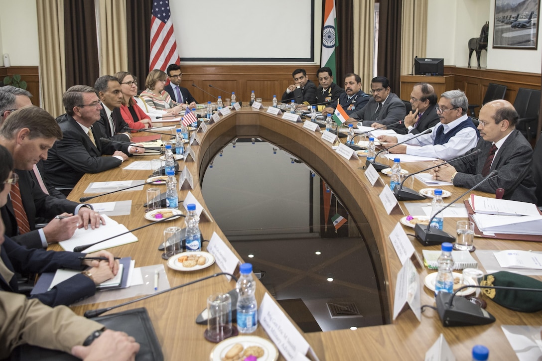 Defense Secretary Ash Carter meets with Indian Defense Minister Manohar Parrikar at the Ministry of Defense in New Delhi, Dec. 8, 2016. DoD photo by Air Force Tech. Sgt. Brigitte N. Brantley