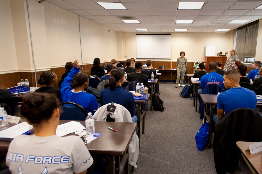 Chief Master Sergeant Ericka Kelly, Air Force Reserve Command command chief master sergeant, answers questions from members of the 459th Air Refueling Wing Development Training Flight on Joint Base Andrews, Md., Dec. 3, 2016. Chief Kelly met with various 459th ARW units to share her wisdom and experience and answer questions from Airmen. (U.S. Air Force photo/Tech. Sgt. Kat Justen)