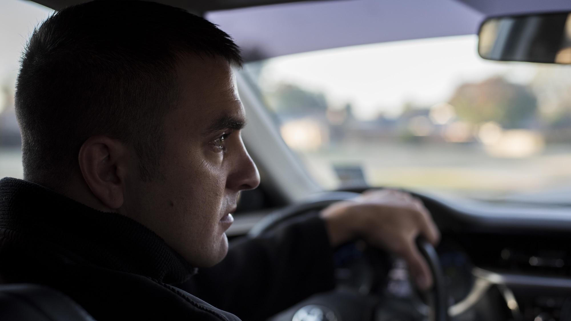 Master Sgt. Jeremy Utphall, 2nd Bomb Wing Inspector General exercise division superintendent, drives to the medical building during an active shooter exercise at Barksdale Air Force Base, La., Nov. 29, 2016. As part of the exercise Utphall played the role of an “active shooter”, testing the base’s ability to respond to an emergency. (U.S. Air Force photo/Senior Airman Damon Kasberg)