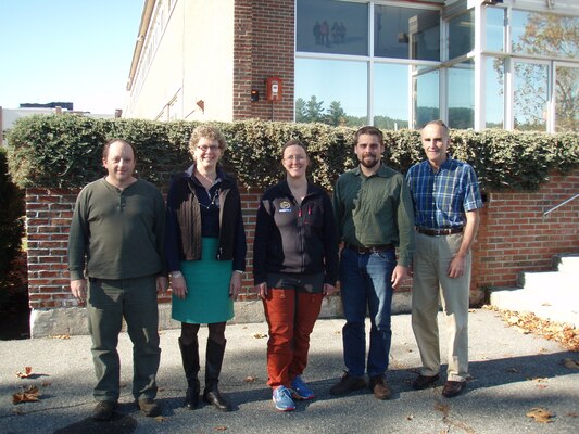 Polar sea ice researchers from the Engineer Research and Development Center’s Cold Regions Research and Engineering Laboratory pose for a group photo with visitor Anja Rösel, Norwegian Polar Institute, (l to r) Bruce Elder, Dr. Jackie Richter-Menge, Anja Rösel, Dr. Chris Polashenski and Dr. Don Perovich.