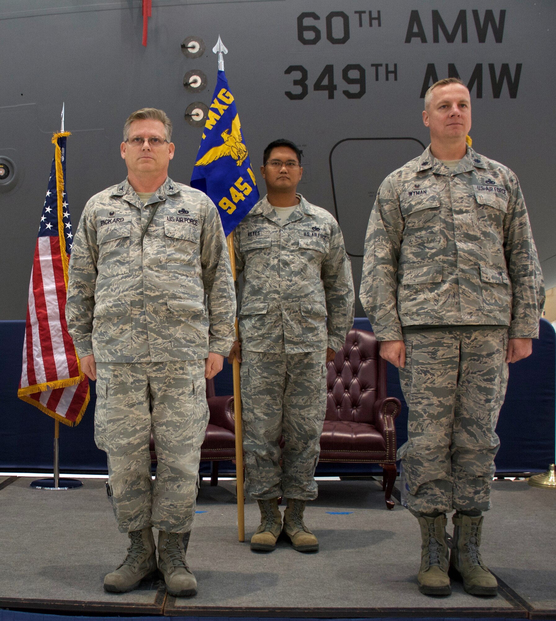 U.S Air Force Lt. Col. Ingo E. Wyman assumes command of the 945th Aircraft Maintenance Squadron at Travis Air Force Base, Calif., Dec. 3, 2016. (U.S. Air Force photos/Staff Sgt. Madelyn Brown)