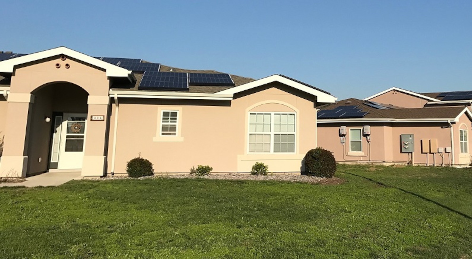 Housing at Travis AFB, Calif. with newly-installed solar panels as part of the Air Force Housing Privatization Program. The Air Force Civil Engineer Center centrally manages the program, along with private project owners, as a way to provide sustainable, diversified energy to installations and their residents.  (U.S. Air Force Courtesy Photo) 