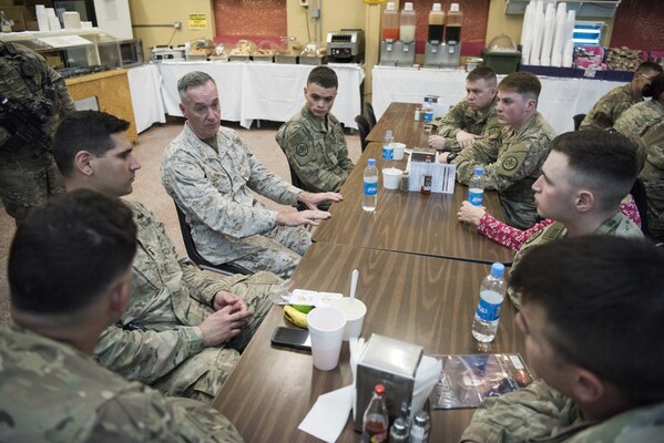 Marine Gen. Joseph F. Dunford, Jr., chairman of the Joint Chiefs of Staff, meets with service members during a troop engagement at Forward Operation Base Gamberi, Afghanistan, Dec. 7, 2016. Marine Gen. Joseph F. Dunford, Jr., chairman of the Joint Chiefs of Staff, along with USO entertainers, visited service members who are deployed from home during the holidays at various locations across the globe.  This year’s entertainers included actors Chris Evans, actress Scarlett Johansson, NBA Legend Ray Allen, 4-time Olympic Medalist Maya DiRado, Country Music Singer Craig Campbell, and mentalist Jim Karol. (DoD photo by Navy Petty Officer 2nd Class Dominique A. Pineiro)