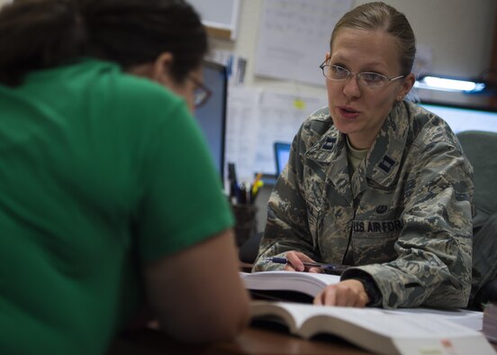 Captain Ekaterina Korulina, the appointed Special Victims Counsel attorney practices her procedures in a controlled environment with stand-in Josephine Brechtold, the Airman and Family Readiness Center family services lead coordinator at Holloman Air Force Base, N.M. The Special Victims Counsel offers confidential legal advice and assistance to sexual assault victims. (U.S. Air Force photo by Senior Airman Aaron Montoya)