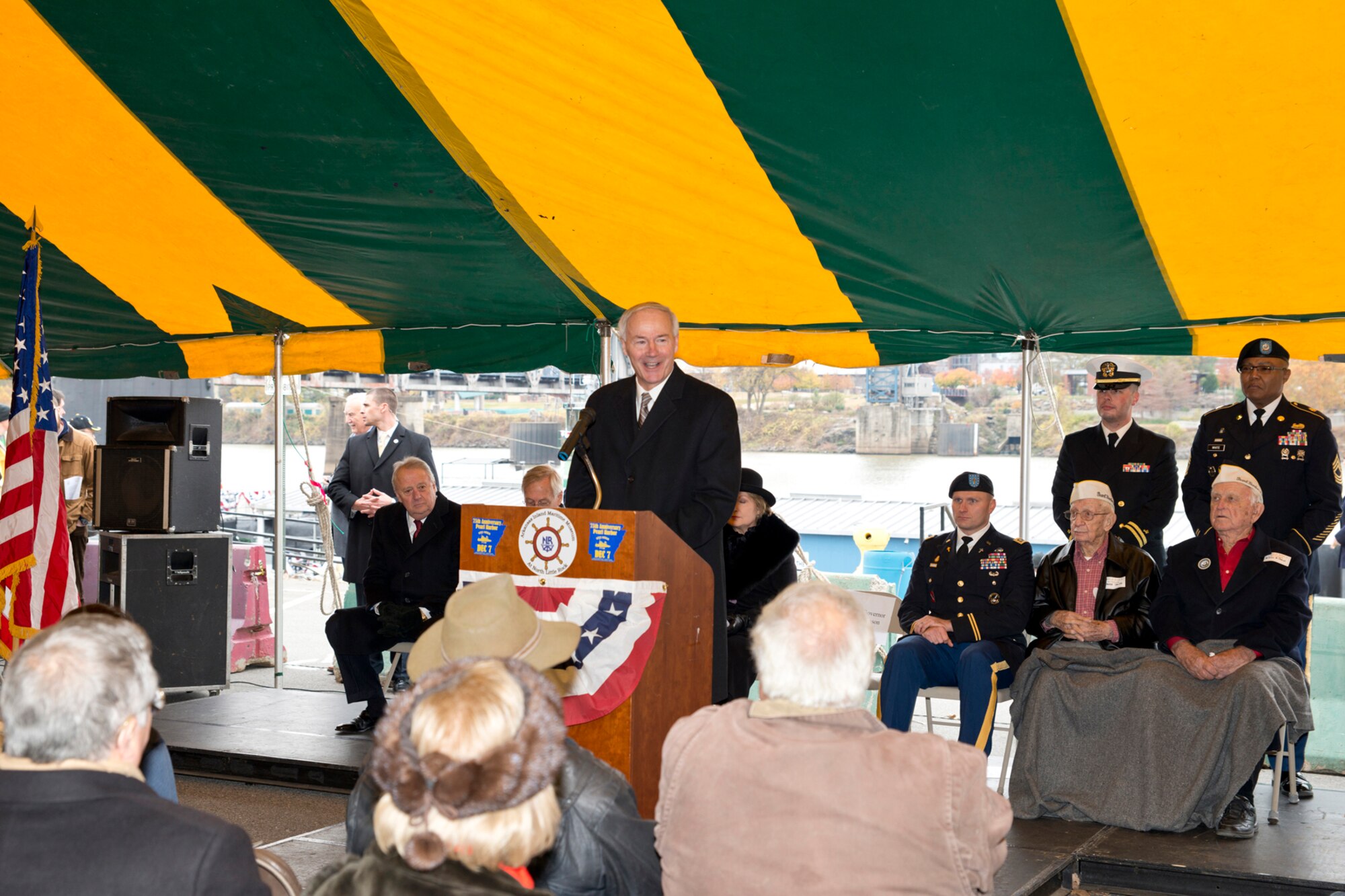 Arkansas Governor William Asa Hutchinson II, speaks during the “Arkansas Remembers Pearl Harbor Ceremony” at the Arkansas Inland Maritime Museum in North Little Rock, Ark., Dec. 7, 2016. The ceremony, which commemorated the 75th Anniversary of the attack on Pearl Harbor, was filled with veterans, civilians and local politicians, all coming together to remember and recognize those of the “Greatest Generation,” who sacrificed so much. (U.S. Air Force photo by Master Sgt. Jeff Walston/Released)