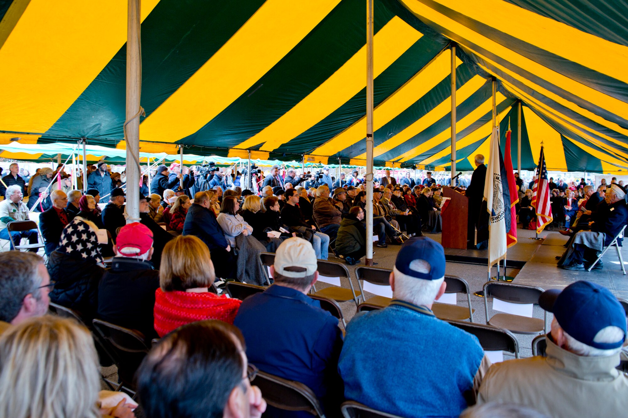 Arkansas Governor William Asa Hutchinson II, speaks to an overflow crowd during the “Arkansas Remembers Pearl Harbor Ceremony” at the Arkansas Inland Maritime Museum in North Little Rock, Ark., Dec. 7, 2016. The ceremony, which commemorated the 75th Anniversary of the attack on Pearl Harbor, was filled with veterans, civilians and local politicians, all coming together to remember and recognize those of the “Greatest Generation,” who sacrificed so much. (U.S. Air Force photo by Master Sgt. Jeff Walston/Released)