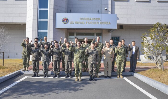 Rear Adm. Brad Cooper, the commander of U.S. Naval Forces Korea (CNFK) and Rear Adm. Chung, Jung-Soo, the Republic of Korea (ROK) deputy chief of naval operations for planning and management, jointly conduct the 9th Strategic Dialogue, a bi-annual conference that focuses on strengthening communication and improving interoperability between the two navies, Dec. 8, 2016.