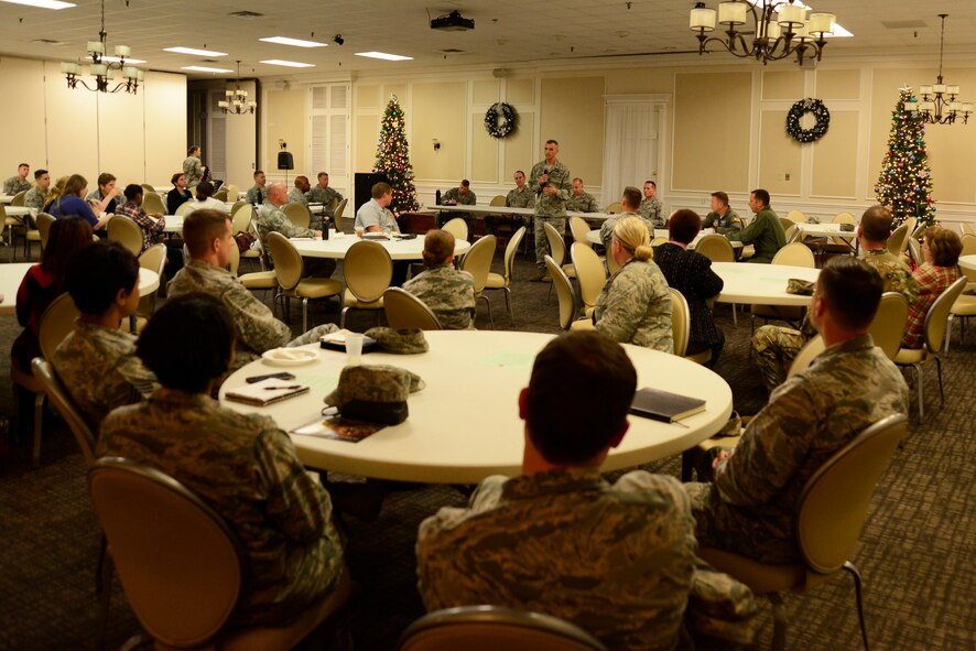 Team Shaw members gather for a 20th Fighter Wing Town Hall meeting at Shaw Air Force Base, S.C., Nov. 29, 2016. Team Shaw members were encouraged to ask questions and had the option to watch the town hall meeting through Facebook live stream if unable to attend. (U.S. Air Force photo by Airman 1st Class BrieAnna Stillman)