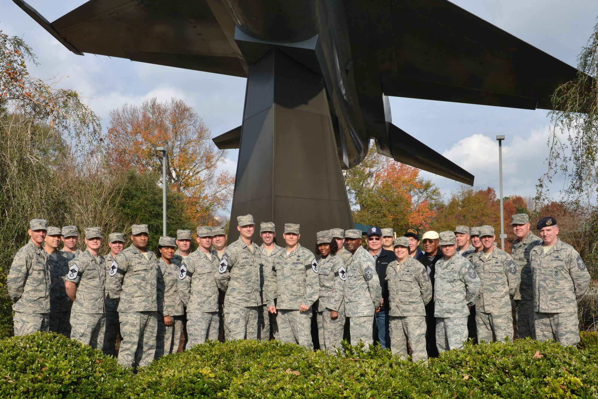 U.S. Air Force chief master sergeants, prior chief master sergeants and chief master sergeant selects stand together at Shaw Air Force Base, S.C., Dec. 8, 2016. Out of 531 senior master sergeants selected Air Force-wide for promotion to chief master sergeant, seven were chosen from Team Shaw. (U.S. Air Force photo by Airman 1st Class Destinee Sweeney)