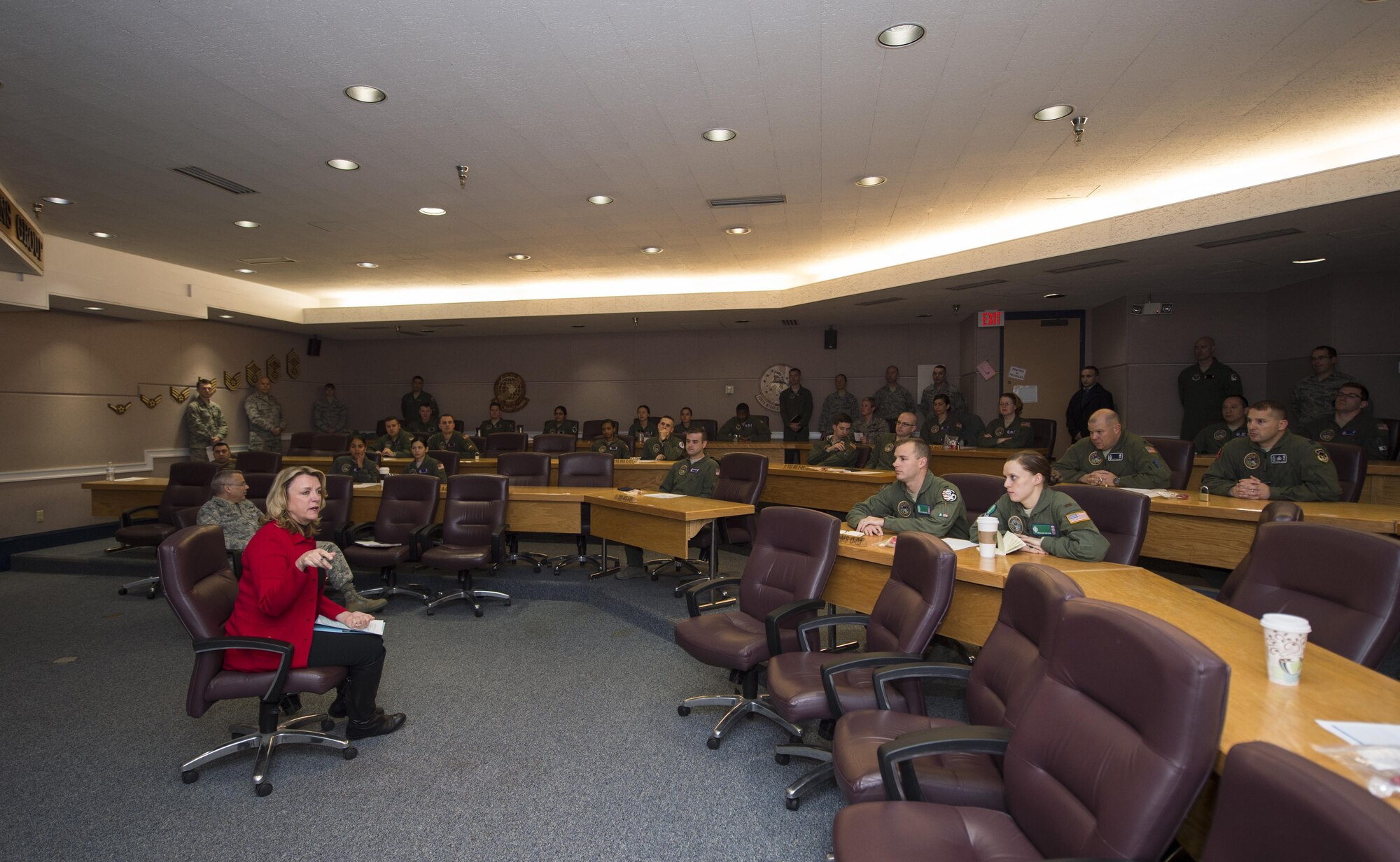 Secretary of the Air Force Deborah Lee James addresses missile combat crews at their pre-departure briefing at F.E. Warren Air Force Base, Wyo., Dec. 8, 2016. She emphasized that the ICBM mission remains critical and relevant to the nation's strategic defense. The SecAF and Lt. Gen. Jack Weinstein, Deputy Chief of Staff for strategic deterrence and nuclear integration visited Warren to speak directly to Airmen on the front lines of the ICBM mission. (U.S. Air Force photo by Staff Sgt. Christopher Ruano)