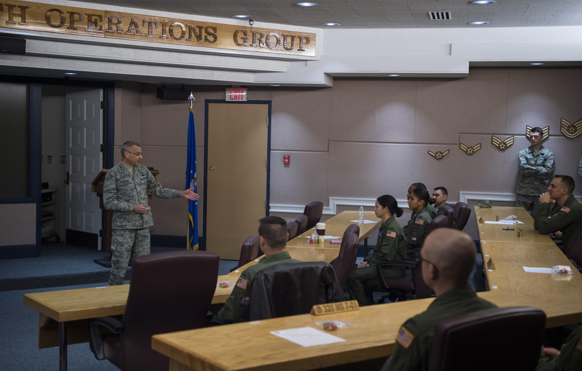 Lt. Gen. Jack Weinstein, Deputy Chief of Staff for strategic deterrence and nuclear integration, addresses missile combat crews at their pre-departure briefing at F.E. Warren Air Force Base, Wyo., Dec. 8, 2016. Air Force Global Strike Command has initiated a number of action-oriented efforts designed to drive changes to the ICBM mission and culture. (U.S. Air Force photo by Staff Sgt. Christopher Ruano)