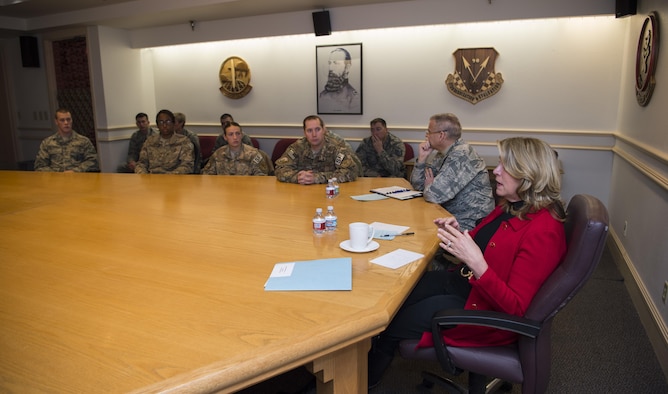 Secretary of the Air Force Deborah Lee James and Lt. Gen. Jack Weinstein, Deputy Chief of Staff for strategic deterrence and nuclear integration, address missile maintainers, security forces members and mission support Airmen during a round-table discussion at F.E. Warren Air Force Base, Wyo., Dec. 8, 2016. The discussions were held to see what was on the Airmen’s minds and how the Air Force could be improved. (U.S. Air Force photo by Staff Sgt. Christopher Ruano)