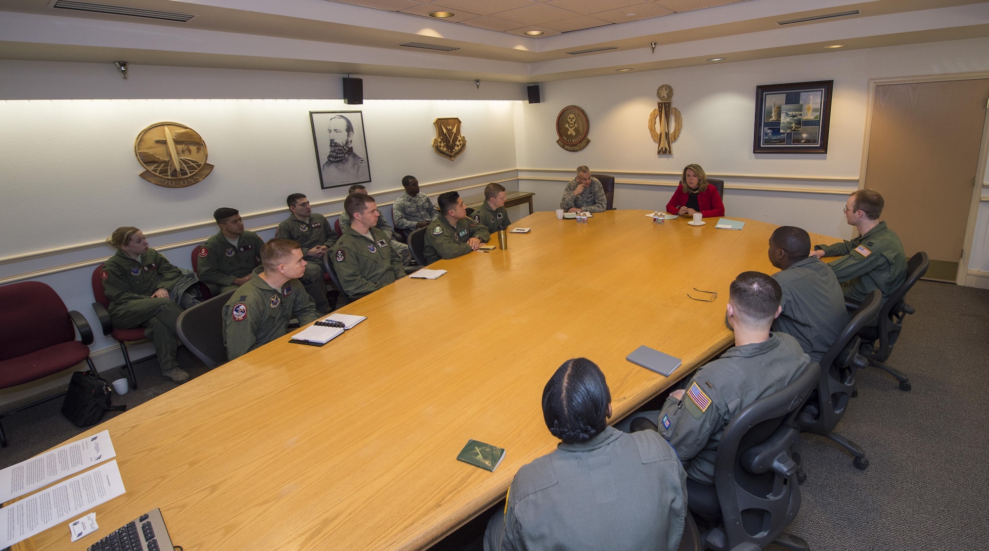 Secretary of the Air Force Deborah Lee James and Lt. Gen. Jack Weinstein, Deputy Chief of Staff for strategic deterrence and nuclear integration, address missile combat crew members and Airmen from the 90th Operations Group during a round-table discussions at F.E. Warren Air Force Base, Wyo., Dec. 8, 2016. The SecAF emphasized that the ICBM mission remains critical and relevant to the nation's strategic defense. (U.S. Air Force photo by Staff Sgt. Christopher Ruano)