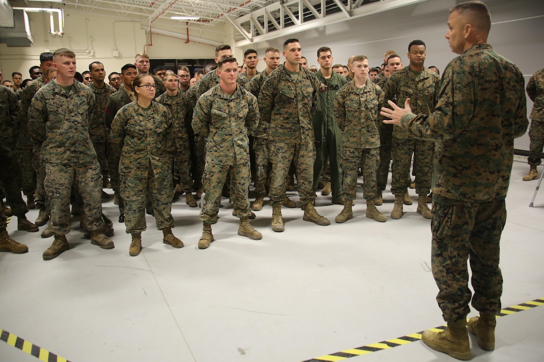 Brig. Gen. Matthew Glavy addresses Marines assigned to Marine Unmanned Aerial Vehicle Squadron 2, Marine Aircraft Group 14, 2nd Marine Aircraft Wing aboard Marine Corps Air Station Cherry Point, N.C., Dec. 6, 2016. Glavy thanked the Marines for their “tremendous work” and “remaining flexible” when the pressure is on. “There is not a lot of room for error, and we are putting a lot on your shoulders,” said Glavy. “But every time we think, plan, brief, execute and debrief, we have to continue doing it to the best of our ability.” Glavy is the commanding general of 2nd MAW. (U.S. Marine Corps photo by Lance Cpl. Mackenzie Gibson/Released)