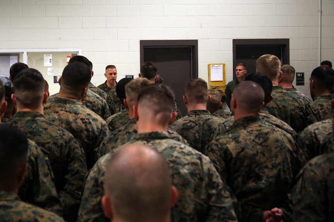 Brig. Gen. Matthew Glavy speaks to Marines assigned to Marine Unmanned Aerial Vehicle Squadron 2, Marine Aircraft Group 14, 2nd Marine Aircraft Wing aboard Marine Corps Air Station Cherry Point, N.C., Dec. 6, 2016. While visiting with VMU-2, Glavy thanked the Marines for their “tremendous job” and “remaining flexible”. Glavy continues to actively visit all 2nd MAW squadrons during his tenure as the commanding general of the wing. Glavy is the commanding general of 2nd MAW. (U.S. Marine Corps photo by Lance Cpl. Mackenzie Gibson/Released)