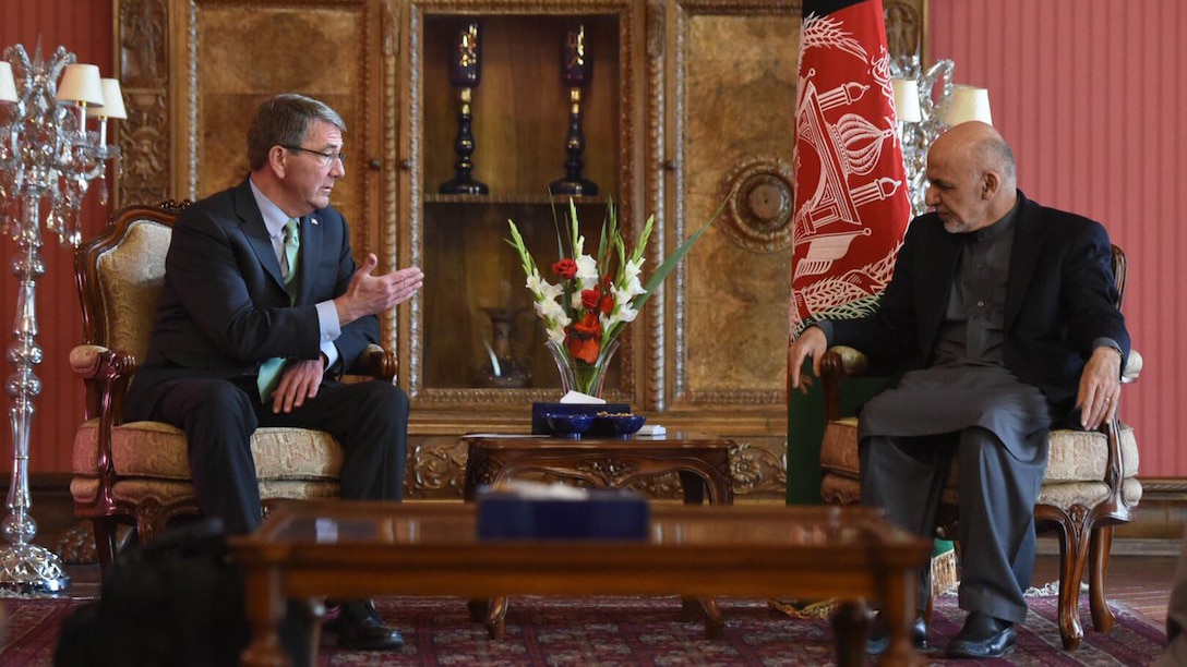 Defense Secretary Ash Carter meets with Afghan President Ashraf Ghani during his visit to Afghanistan. Carter also greeted U.S. troops and met with commanders. 