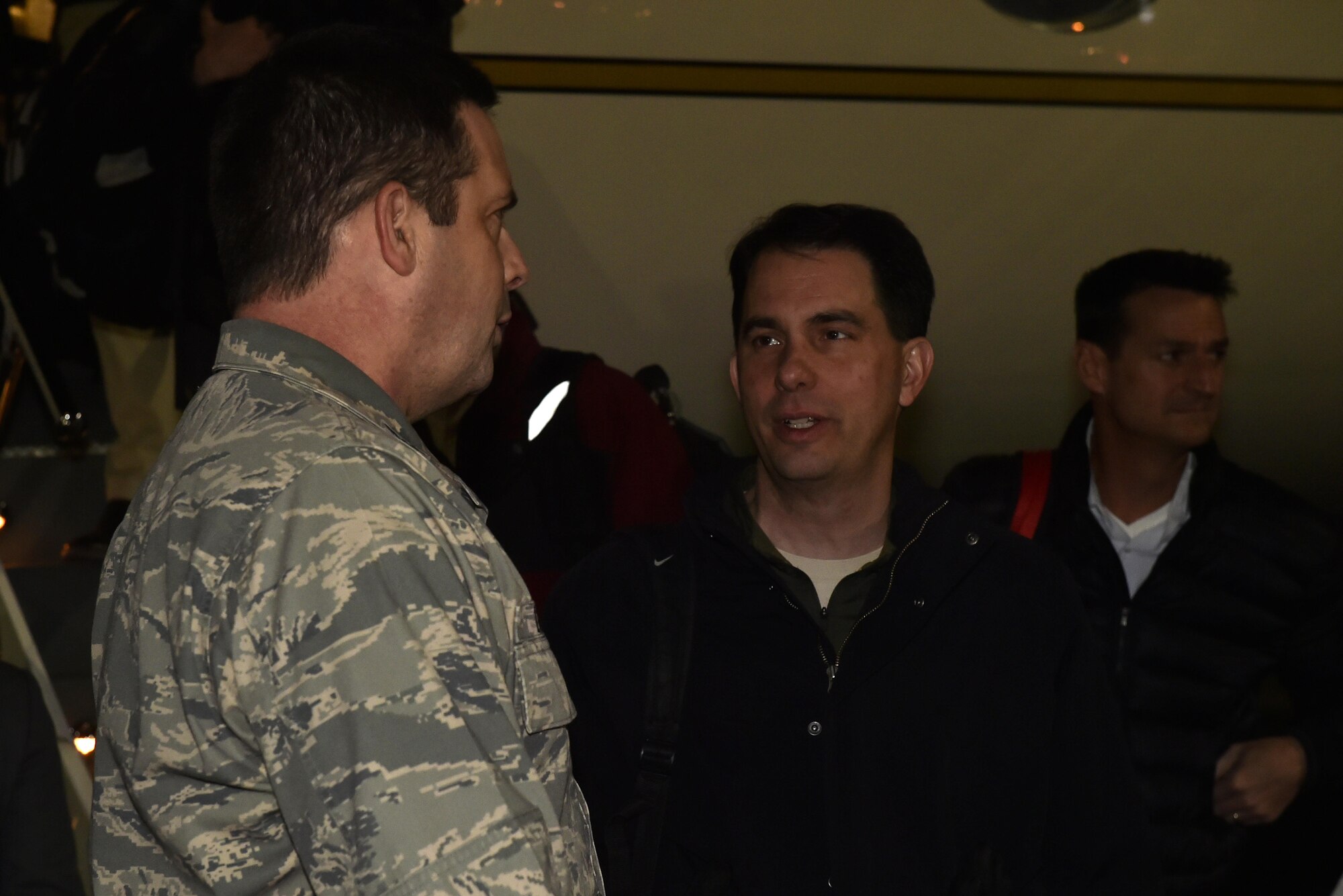U.S. Air Force Col. Martin Giacobbi, 86th Dental Squadron commander, welcomes Wisconsin Governor Scott Walker to Ramstein Air Base Germany, Dec. 8, 2016. Walker, along with the governors of Oklahoma and Nevada, visited Ramstein and Landstuhl Regional Medical Center, Germany, to interact with their respective constituents after traveling to the U.S. Air Forces Central Command area of responsibility. (U.S. Air Force photo by Senior Airman Jonathan Bass)