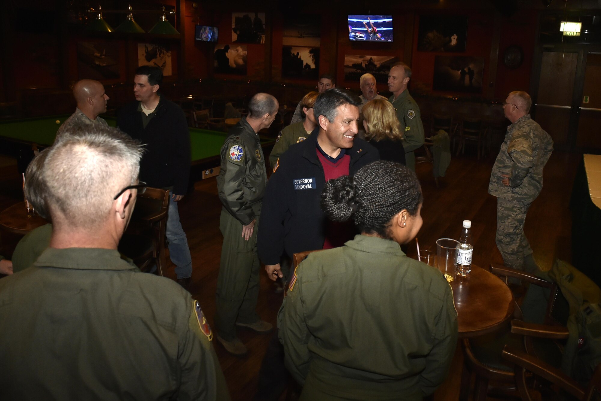 Nevada Governor Brian Sandoval meets with his constituents at Ramstein Air Base, Germany, Dec. 8, 2016. Sandoval traveled to the U.S. Air Forces Central Command area of responsibility to interact with his constituents and visit Landstuhl Regional Medical Center, Germany. (U.S. Air Force photo by Senior Airman Jonathan Bass)