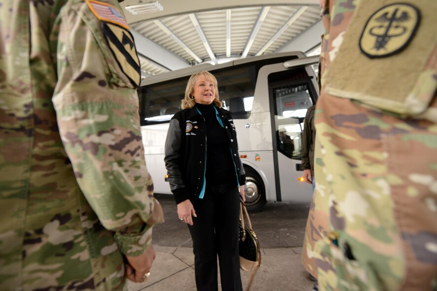 Oklahoma Governor Mary Fallon, meets with U.S. Army soldiers at Landstuhl Regional Medical Center, Germany, Dec. 9, 2016. Fallon, along with the governors of Wisconsin and Nevada, traveled to the U.S. Air Forces Central Command area of responsibility to interact with his constituents and LRMC. (U.S. Air Force photo by Senior Airman Jonathan Bass)