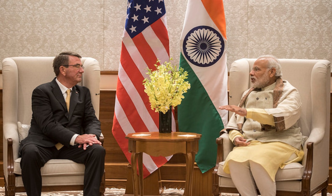 Defense Secretary Ash Carter arrived in Afghanistan Dec. 9, 2016, on a visit to thank U.S. troops for their service to the nation during the holidays, receive an update on NATO and U.S. efforts to support Afghan security forces and to meet with senior Afghan officials including President Ashraf Ghani. Carter is pictured meeting with India’s Prime Minister Narendra Modi in New Delhi, Dec. 8, 2016. DoD photo by Air Force Tech. Sgt. Brigitte N. Brantley